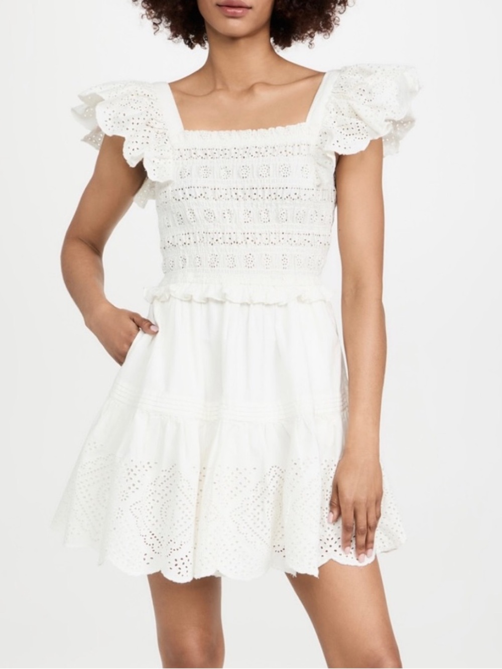 Sea New York Vienne Eyelet Flutter Sleeve Smocked Mini Dress Tiered Ruffle White